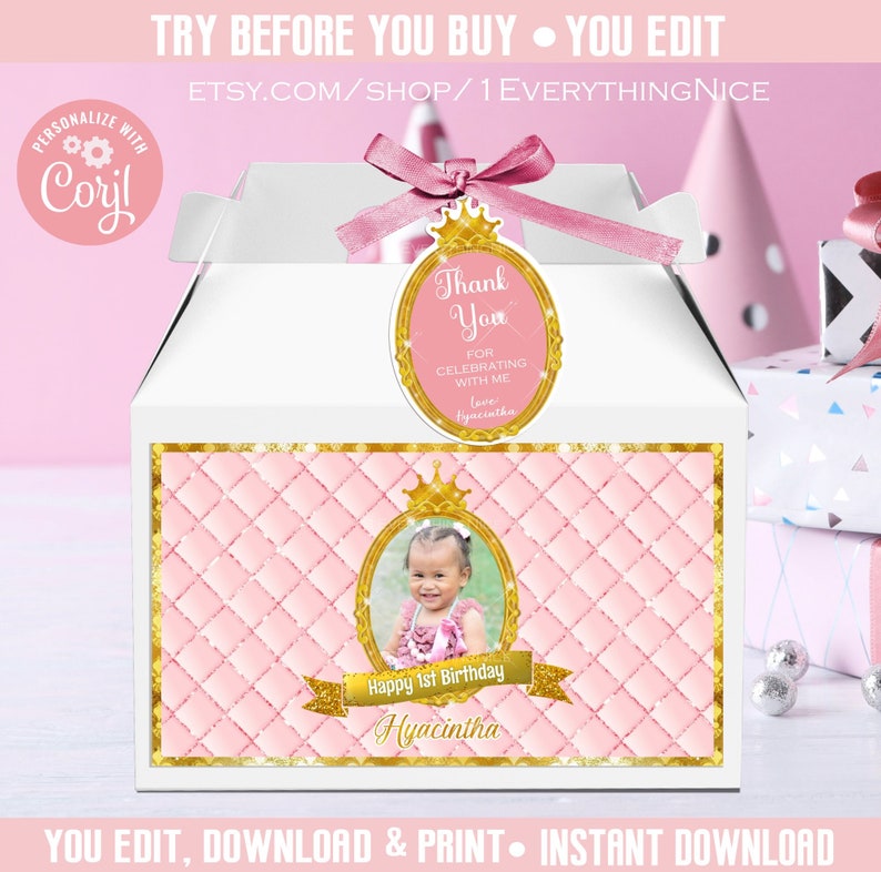 Princess Editable DIGITAL Instant DOWNLOAD Pink and Gold Royal Birthday Theme 5.75 X 3.25 Gift Favor Gable Box Labels Printable image 2