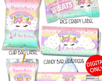 DIGITAL DOWNLOAD Unicorn Unicorns Rainbow Pastel Theme Birthday Printables Labels Personalized DIY Printable Bundle Set