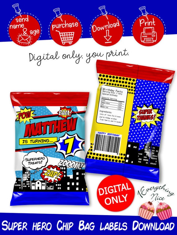 DIGITAL DOWNLOAD Super Hero Super Man Theme Chip Bag Labels Printable Digital Download Il_570xn