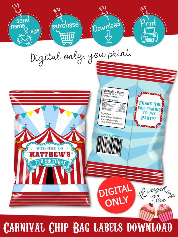DIGITAL DOWNLOAD Carnival Birthday Chip Bag Labels Digital Printable Il_570xn