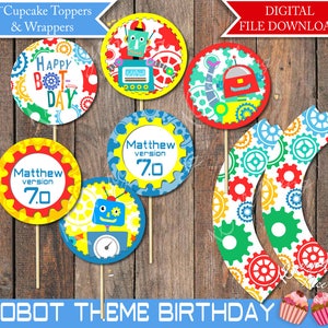 Robot Theme Birthday Cupcake Toppers and Wrappers Printable Digital Download image 1