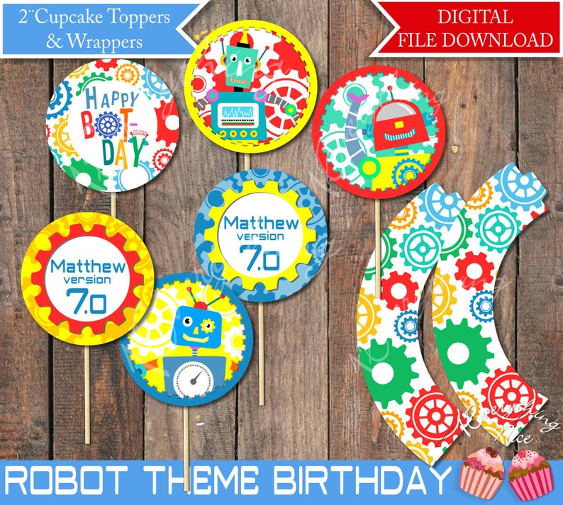 Robot Theme Birthday Cupcake Toppers and Wrappers Printable Digital Download image 1