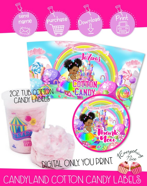 DIGITAL DOWNLOAD Candyland Candy Land Baby Girl Theme 2oz Cotton Candy Tub Wrappers Labels Digital Printable Il_570xn