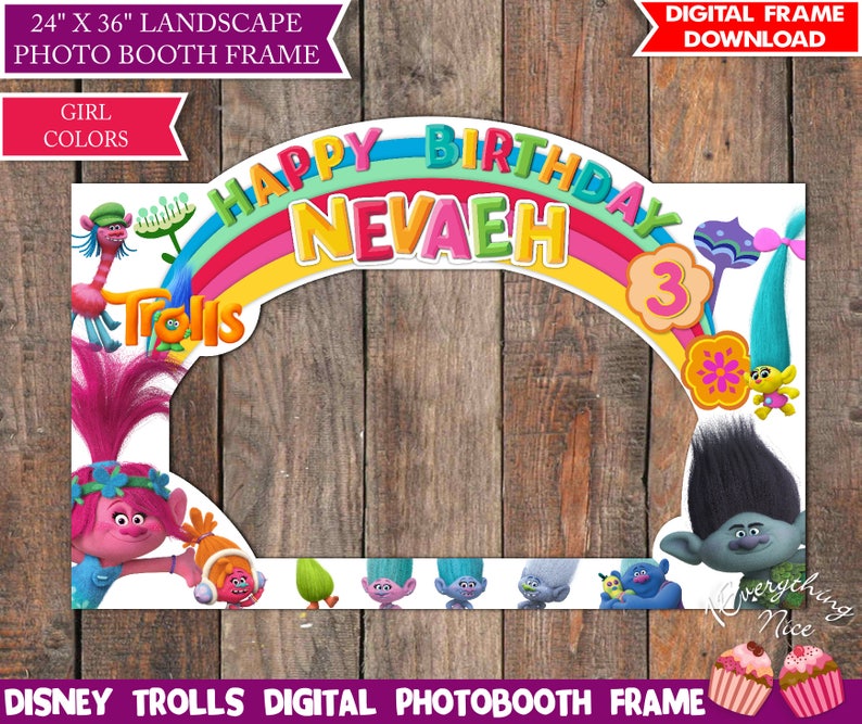 Trolls Birthday Photo Booth Frame Landscape Digital Trolls Birthday Photo Booth Frame Landscape Digital Prop Girl Colors Digi