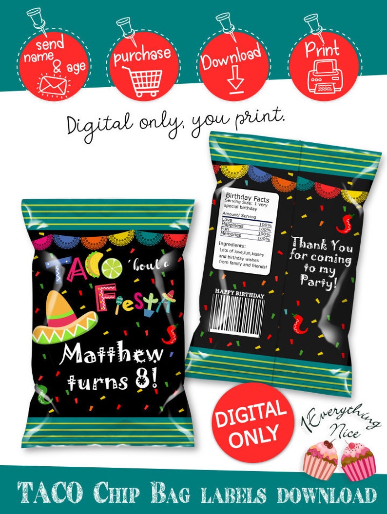 DIGITAL DOWNLOAD Taco Taco bout a party fiesta Mayo de cinco Birthday Chip Bag Labels Digital Printable image 1