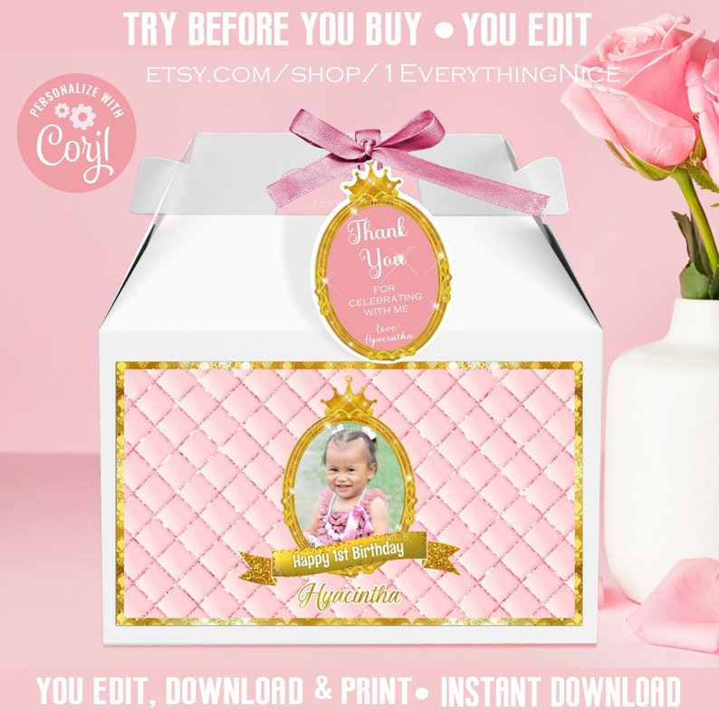 Princess Editable DIGITAL Instant DOWNLOAD Pink and Gold Royal Birthday Theme 5.75 X 3.25 Gift Favor Gable Box Labels Printable image 1