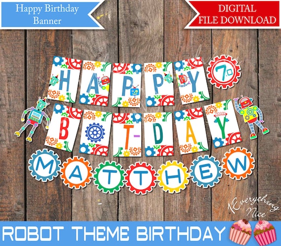 Theme Du Robot Joyeux Anniversaire Banniere Bot Day Avec Nom Etsy France