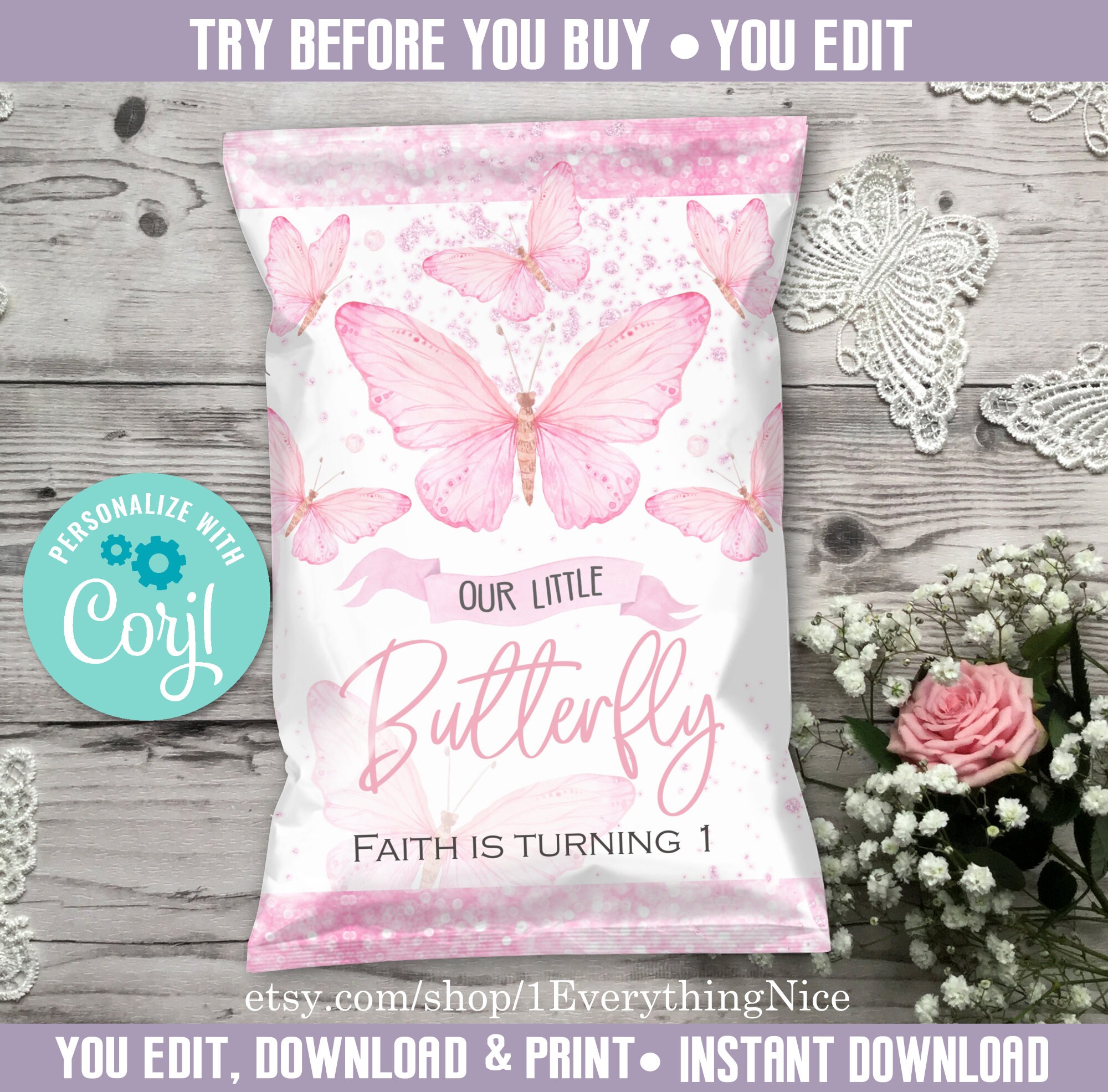 Pink Butterfly Label Editable DIGITAL Instant DOWNLOAD Pink Butterfly Butterflies Theme ...