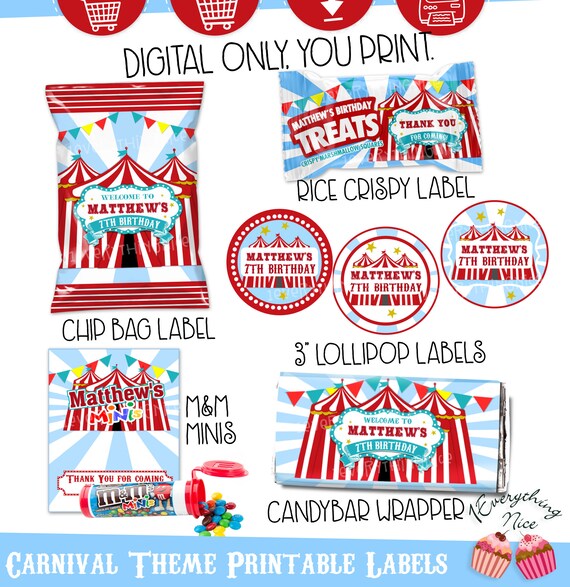 Circus Carnival Theme Birthday Digital Printables Labels Personalized ...