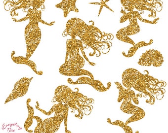 Gold Glitter Mermaid Silhouettes Clipart Set