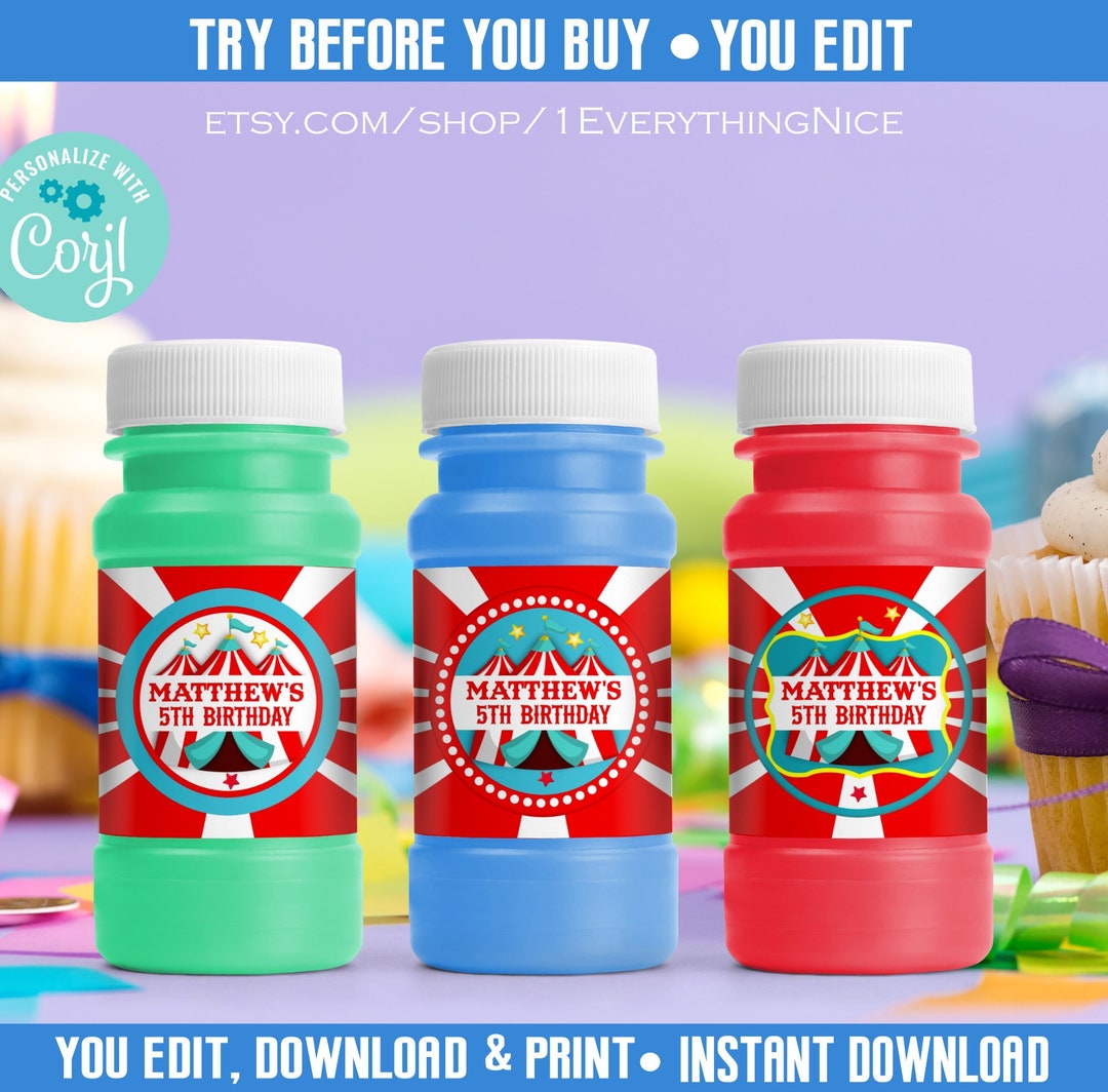 4oz & 2oz Circus Carnival Bubble Bottle Labels Instant Editable DIGITAL DOWNLOAD Printable Etsy