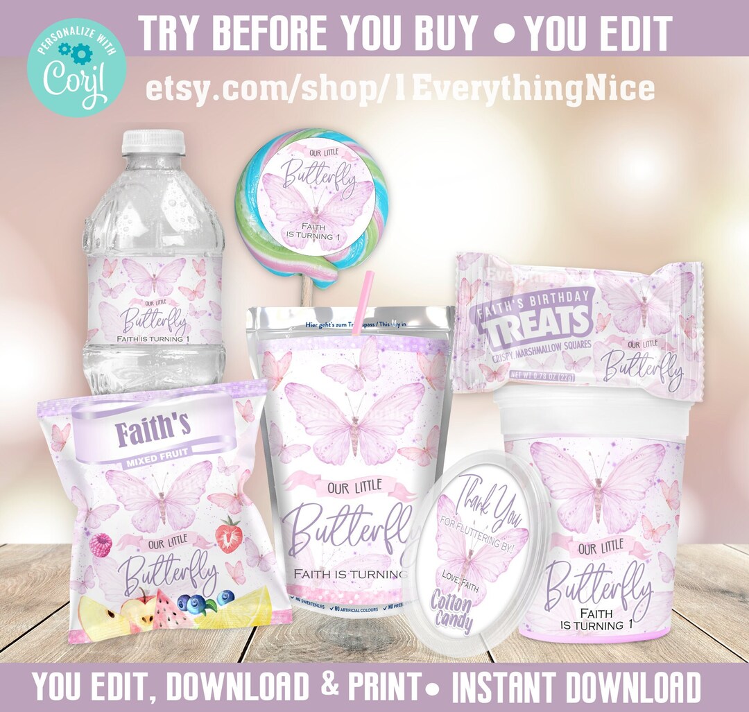 Pink Butterfly Label Pink Purple Butterfly Butterflies Wrappers Labels Bundle Set 4 Instant ...