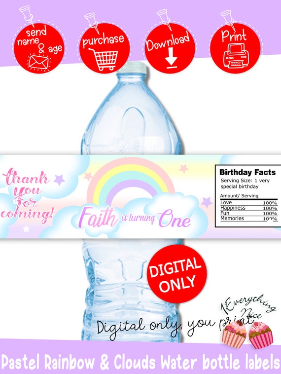 DIGITAL DOWNLOAD Pastel Rainbow and Clouds Theme Water Bottle Labels Wrappers Digital Printable Il_570xn