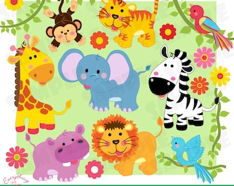 Cute Animals, Jungle Safari Savannah Wild Animals Clip Art Set