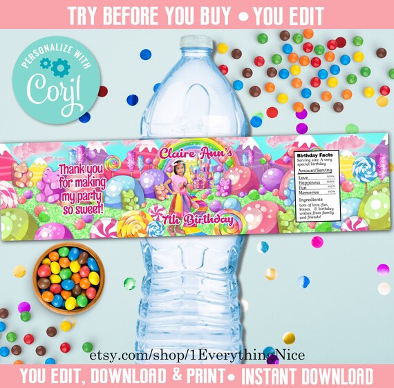 Editable DIGITAL DOWNLOAD Candyland Candy Land Birthday Party Water bottle Labels Drink Wrappers Printable Il_570xn
