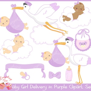 Baby Girl Delivery in Purple Clipart Set image 1