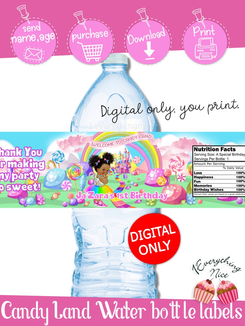 DIGITAL DOWNLOAD Candy Land Candyland Birthday Party Water bottle Labels Drink Wrappers Digital Printable