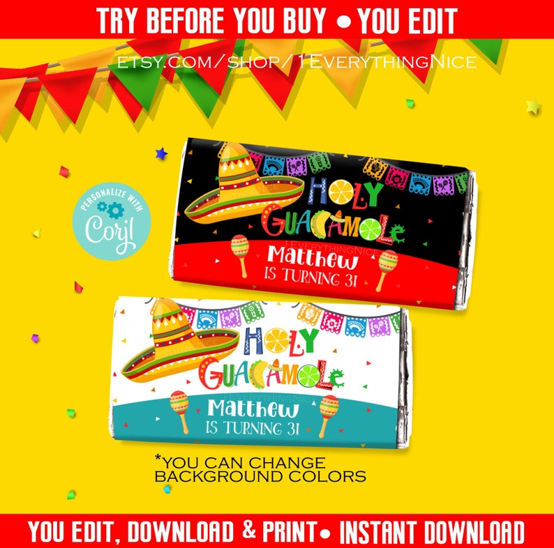 Holy Guacamole Theme Birthday Fiesta Taco Tuesday Cinco De Mayo May Candy Chocolate Bar Wrapper Instant Editable Digital Download Printable image 1