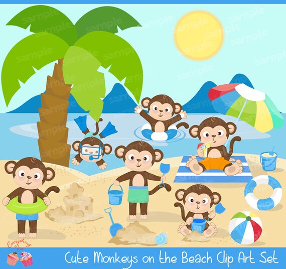 Cute Monkeys on the Beach Clipart Set Il_570xn