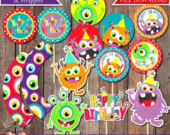Monsters Monster Bash 2" Cupcake Toppers and Wrappers Printable Digital Download