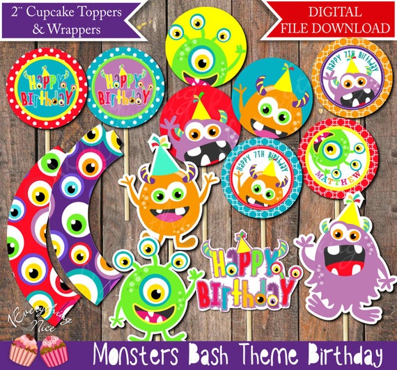 Monsters Monster Bash 2" Cupcake Toppers and Wrappers Printable Digital