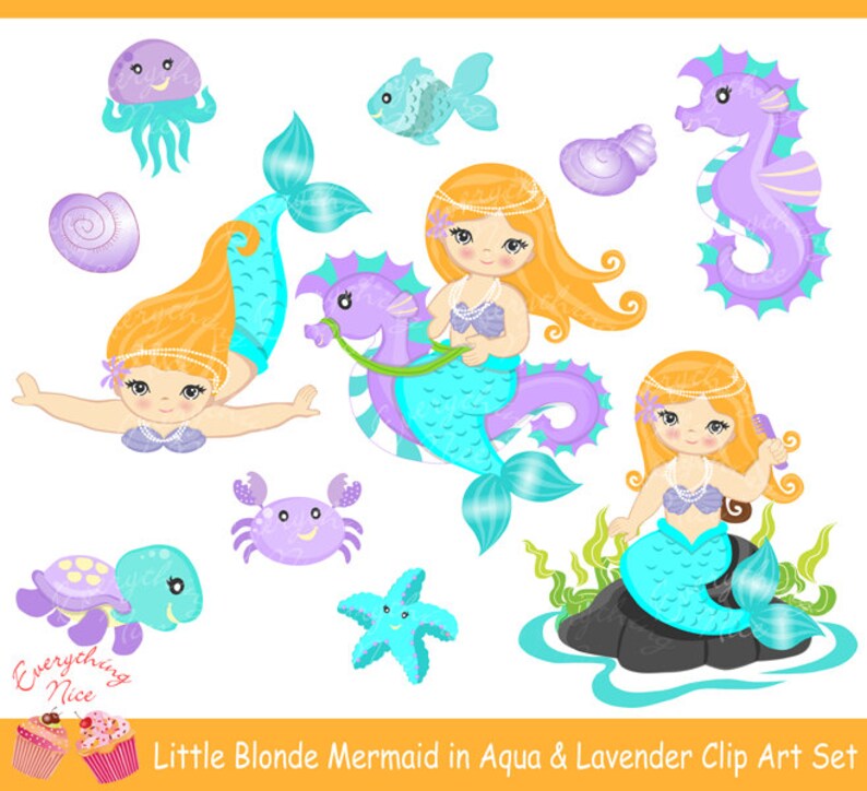 Little Blonde Mermaid in Aqua & Purple Clipart Set image 1