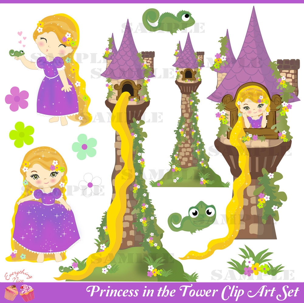 Princess in the Tower Purple Fun Cute Whimsical Graphic Illustration Clip  Art Set, image size:1000x998
