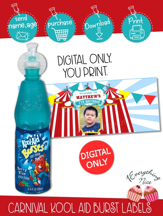 DIGITAL DOWNLOAD Carnival Birthday Theme Kool Aid Bursts Labels Wrappers Digital Printable Il_570xn