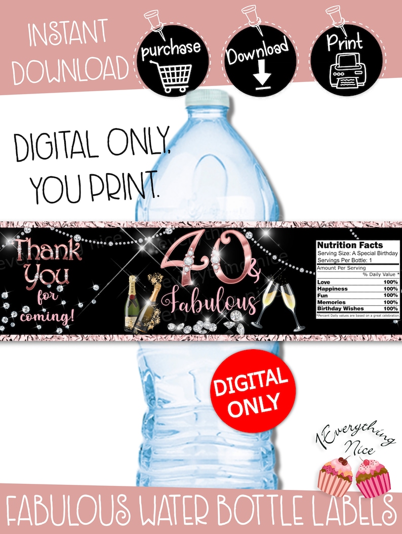INSTANT DIGITAL DOWNLOAD 40 and fabulous Rose Gold and Diamonds Theme Water Bottle Labels Digital Printable
