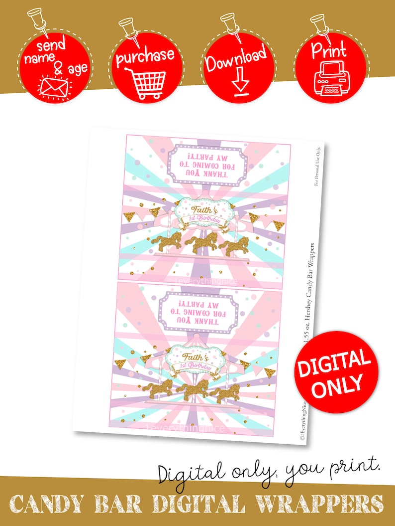 DIGITAL DOWNLOAD Carousel Birthday Candy Chocolate Hershey Bar Wrappers Labels Digital Printable