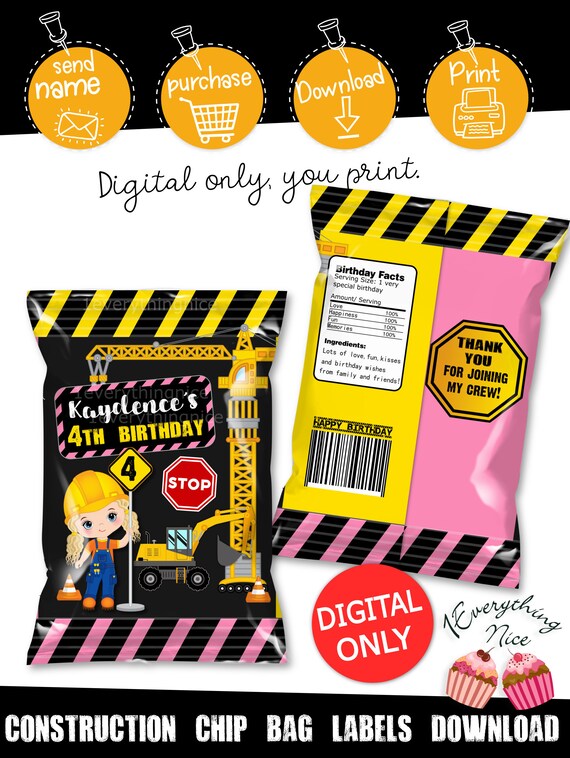 DIGITAL DOWNLOAD Construction Girl Birthday Party Theme Chip Bag Labels Printable Digital Download Il_570xn