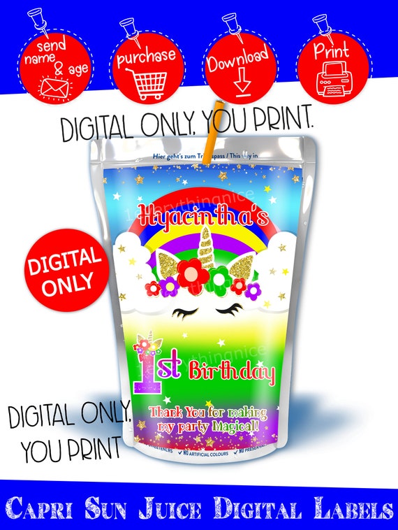 DIGITAL DOWNLOAD Rainbow Unicorn Caprisun capri sun juice Labels Printable Digital Download Il_570xn