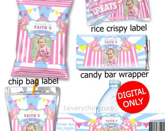 Pink Circus Carnival  Theme Birthday Digital Printables Labels Personalized Bundle DIY Printable Set Bundle Digital Download