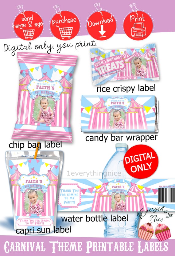 Pink Circus Carnival Theme Birthday Digital Printables Labels Personalized Bundle DIY Printable Set Bundle Digital Download Il_570xn