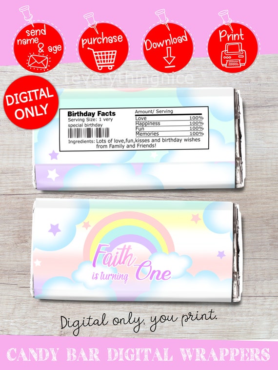 DIGITAL DOWNLOAD Pastel Rainbow and Clouds Birthday Theme 1.55 oz Hershey Bar Candy Chocolate Bar Wrappers Labels Printables Il_570xn