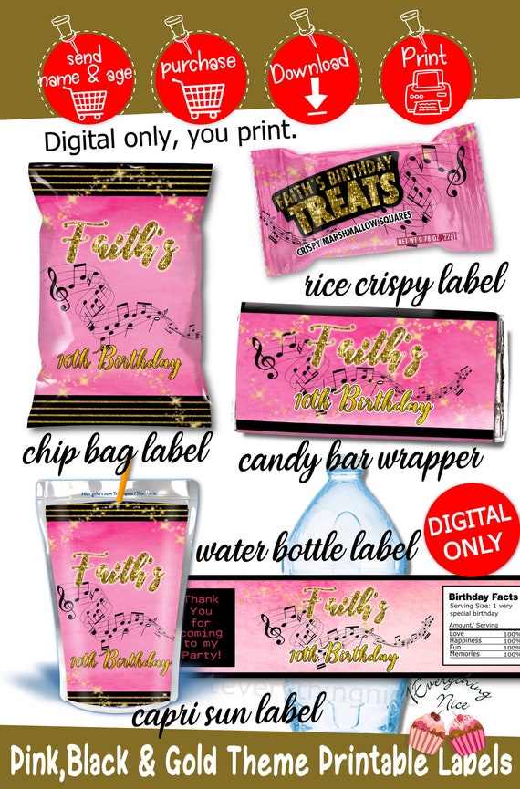 DIGITAL DOWNLOAD Pink Gold and Black Music Disco Theme Birthday Digital Printables Labels Personalized DIY Bundle Il_570xn