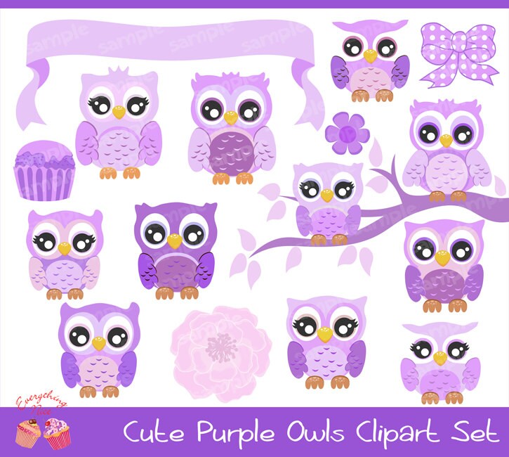 Cute Purple Owls Clipart Set - Etsy