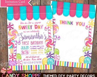 Candy Sweet Shoppe Theme Birthday Invitation and Thank you Card