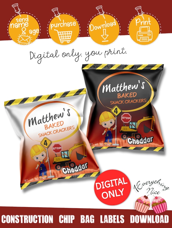 DIGITAL DOWNLOAD Construction Boy Birthday Party Theme Goldfish Crackers Gold Fish Chip Bag Labels Wrappers Printable Digital Download Il_570xn