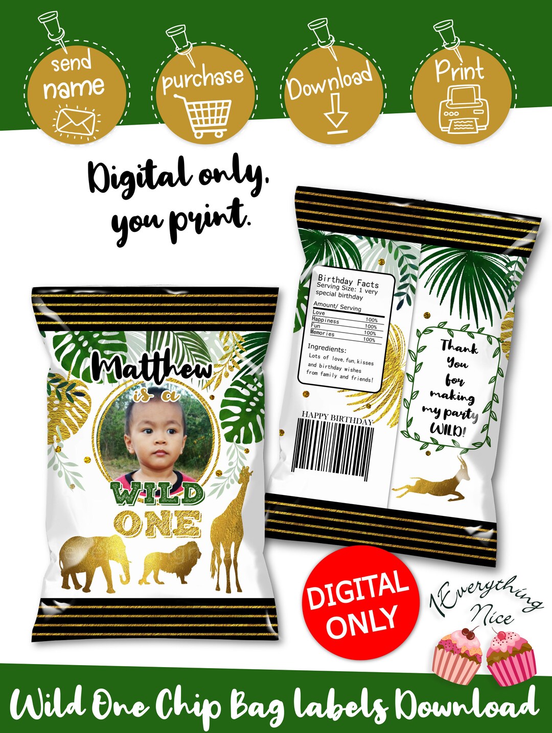 Jungle Safari Wild One Birthday Chip Bag Digital File DIY
