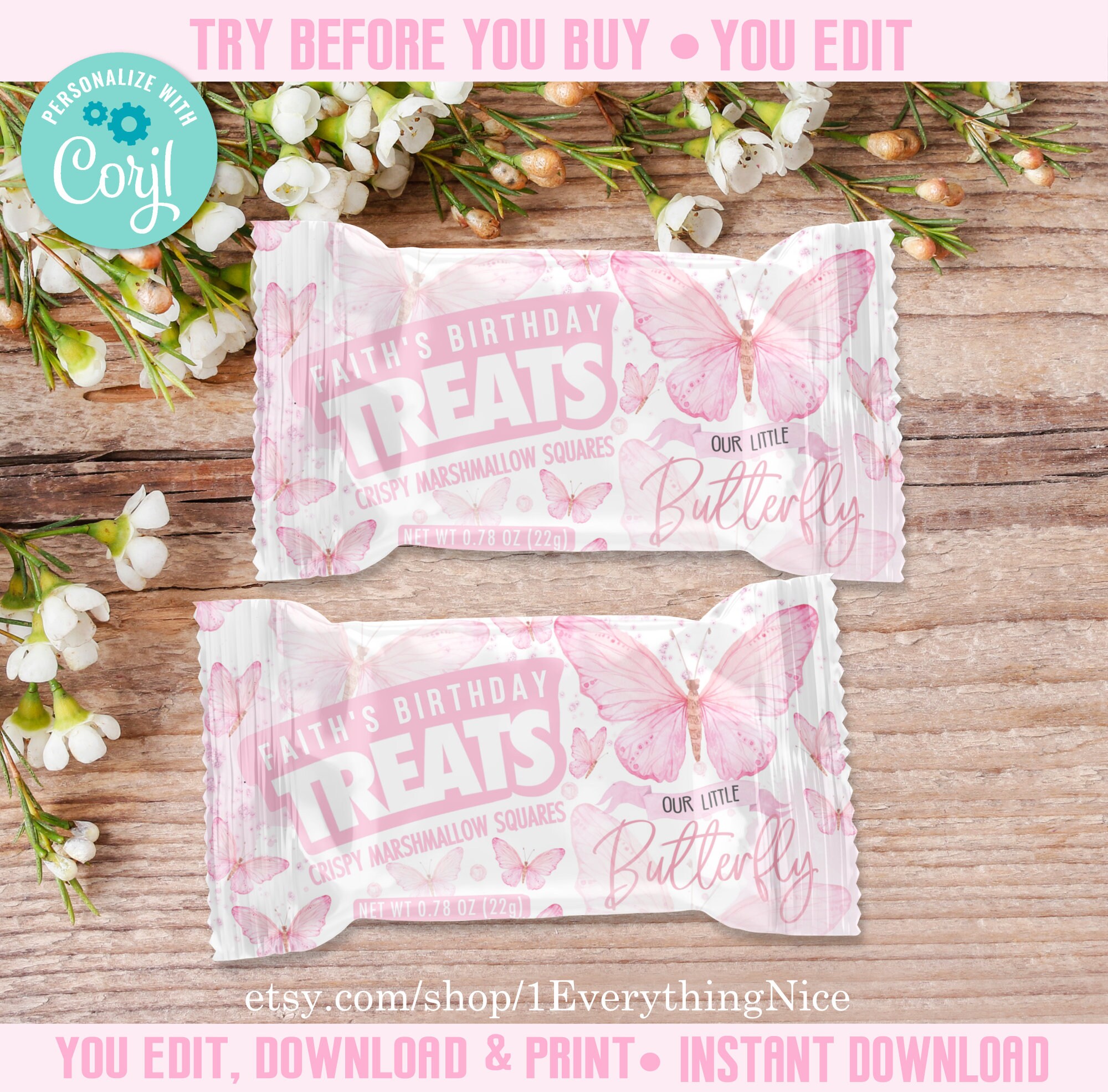 Pink Butterfly Label Editable DIGITAL Instant DOWNLOAD Pink Butterfly Butterflies Theme ...