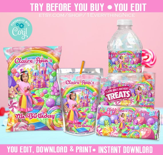 Editable DIGITAL DOWNLOAD Candy Land Candyland Birthday Party Baby Shower Printable Wrappers Labels Instant Download Set Bundle Deal 014