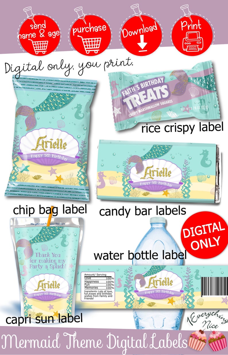 Mermaid Theme Birthday Digital Printables Labels Personalized Bundle DIY Printable Set Digital Download image 1