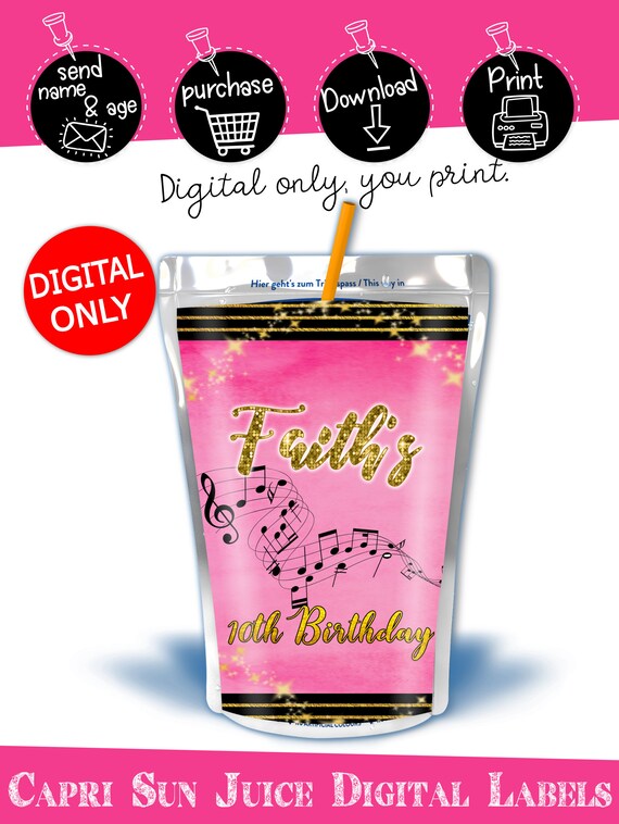 DIGITAL DOWNLOAD Pink Gold and Black Music Disco Theme Capri Sun Caprisun Labels Printable Digital Download Il_570xn