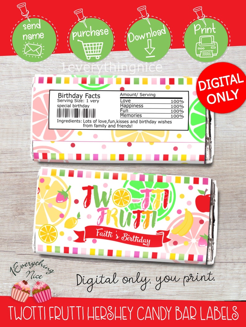 DIGITAL DOWNLOAD Tutti Frutti Two-tti Frutti Theme Candy Bar Wrappers Labels Printable Digital Download image 1