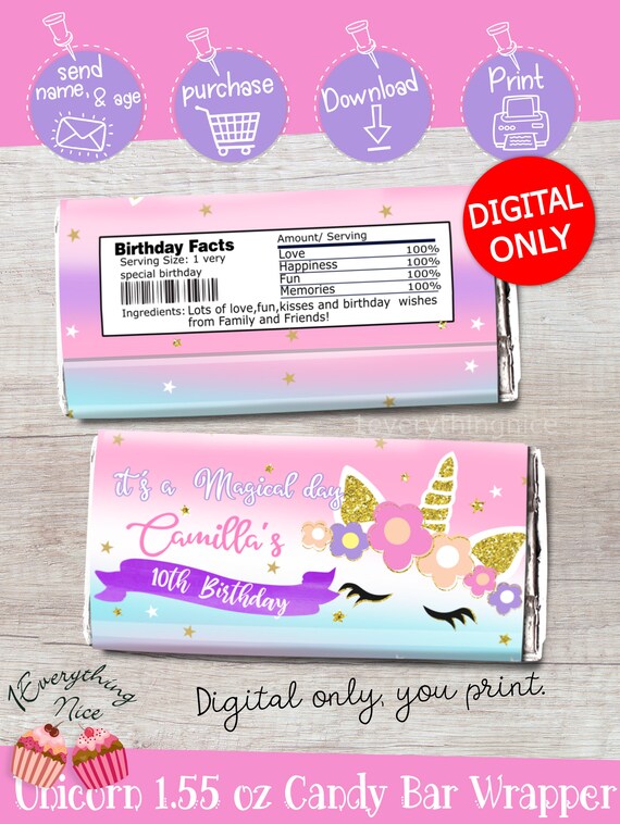 DIGITAL DOWNLOAD 1.55oz Unicorn Chocolate Candy Hershey Bar Wrappers Labels Printable Digital Download Il_570xn