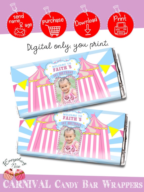 DIGITAL DOWNLOAD Pink Carnival Birthday Candy Chocolate Hershey Bar Wrappers Labels Digital Printable Il_570xn