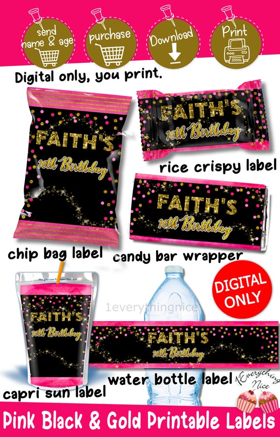DIGITAL DOWNLOAD Pink Black and Gold Theme Birthday Digital Printables Labels Personalized DIY Bundle Il_570xn