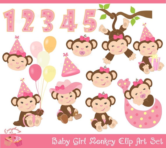 Baby Girl Monkey Clip Art Set - Etsy