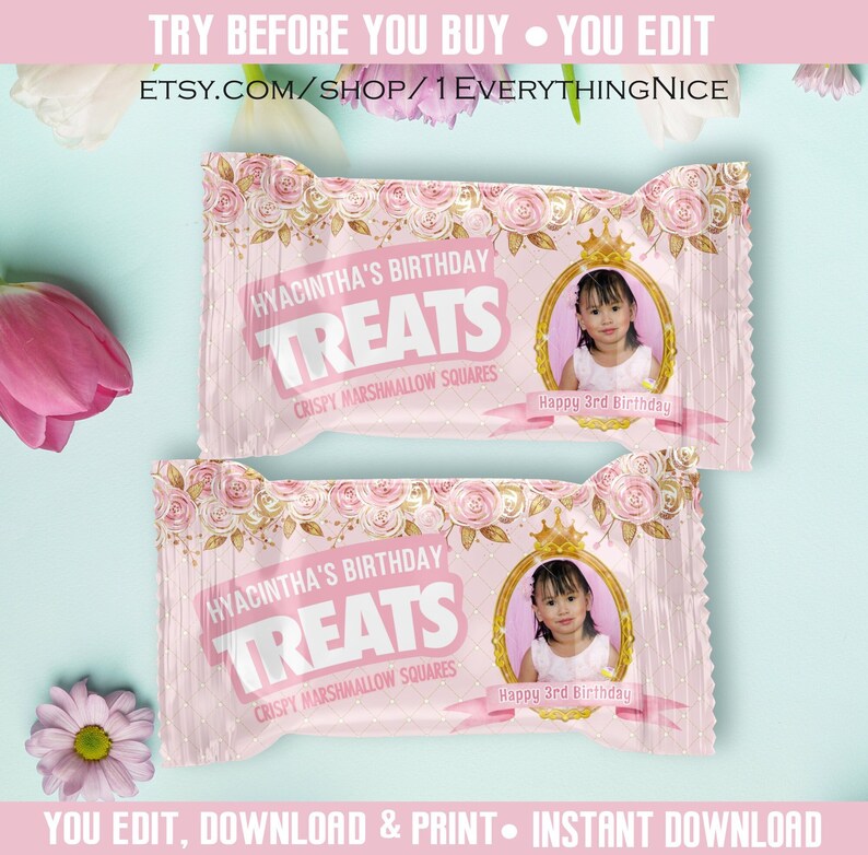 Princess Editable Instant DOWNLOAD Pink and Gold Royal Birthday Theme Rice Krispies Wrapper DIGITAL Printable image 1